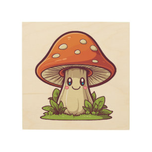 Cute kawaii style, Mushroom foraging Wood Wall Art