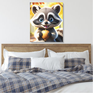 Cute Kawaii style Raccoon holding an acorn Canvas Print