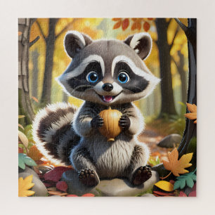 Cute Kawaii style Raccoon holding an acorn Jigsaw Puzzle