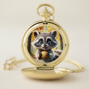 Cute Kawaii style Raccoon holding an acorn Pocket Watch