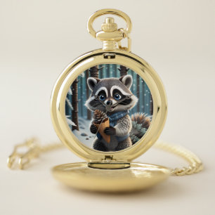 Cute Kawaii style Raccoon with a Pine cream cone Pocket Watch
