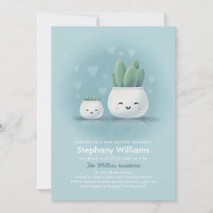 Cute Kawaii Succulent Boy Blue Baby Shower Invitat Invitation
