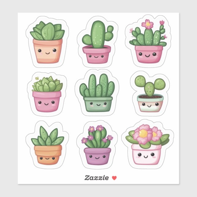 Cute Kawaii Succulent Green Potted Plant Stickers (Sheet)