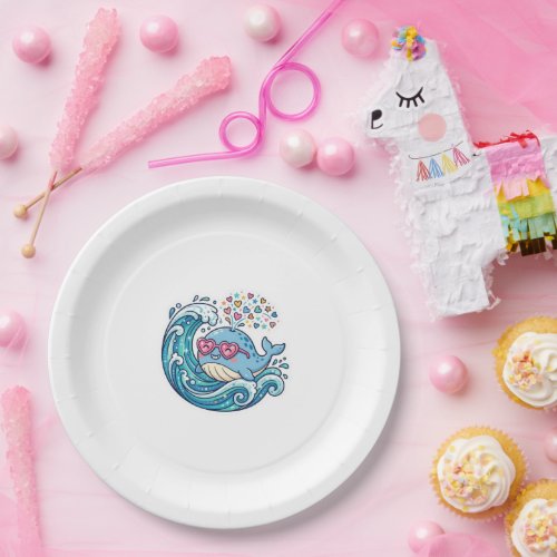Cute Kawaii Summer Blue Whale Heart SunglasSticker Paper Plates