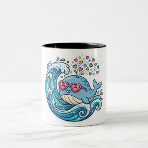 Cute Kawaii Summer Blue Whale Heart SunglasSticker Two-Tone Coffee Mug