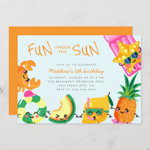 Cute Kawaii Summer Fun Under The Sun Kids Birthday Invitation