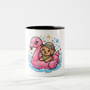 Cute Kawaii Summer Puppy Flamingo Pool FloaSticker Two-Tone Coffee Mug