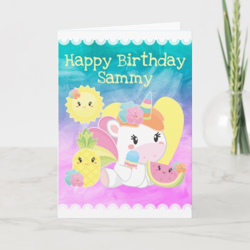 Cute Kawaii Summer Tropical Unicorn Birthday Card