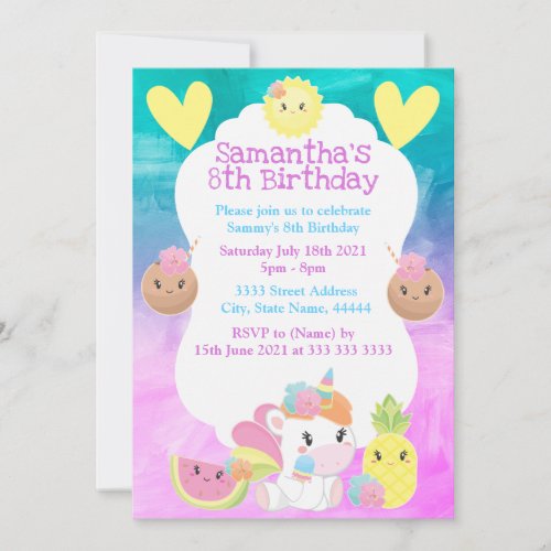 Cute Kawaii Summer Tropical Unicorn Birthday Party Invitation
