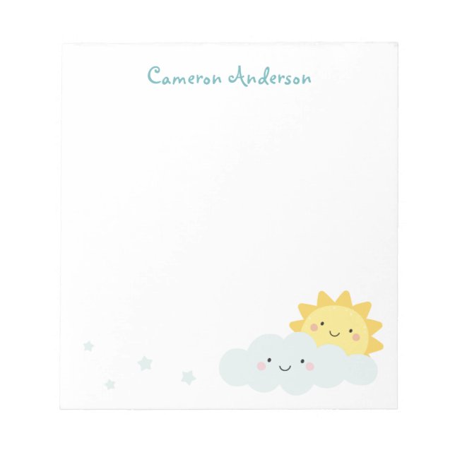 Cute kawaii sun and cloud personalized name text notepad (Front)