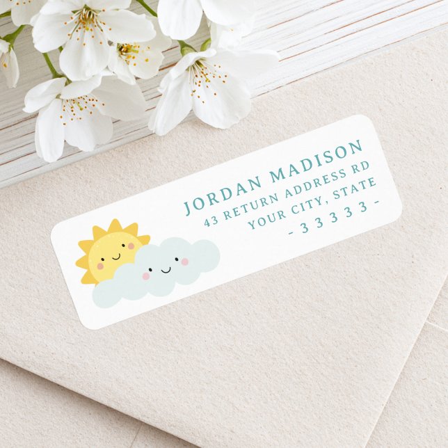 Cute kawaii sun and cloud white return address label (Cute kawaii sun and cloud white return address label)
