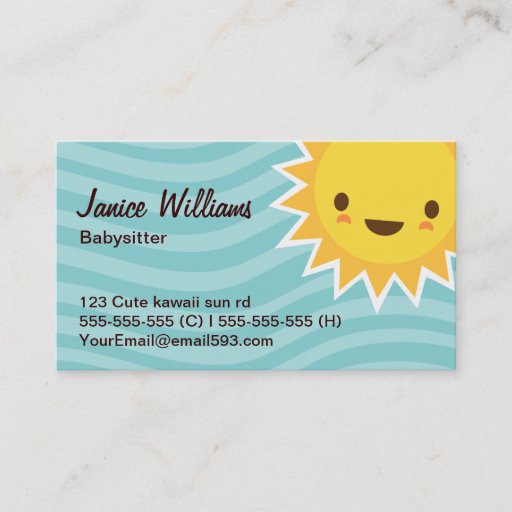 Customizable Cute kawaii sun cartoon character aqua babysitter business cards