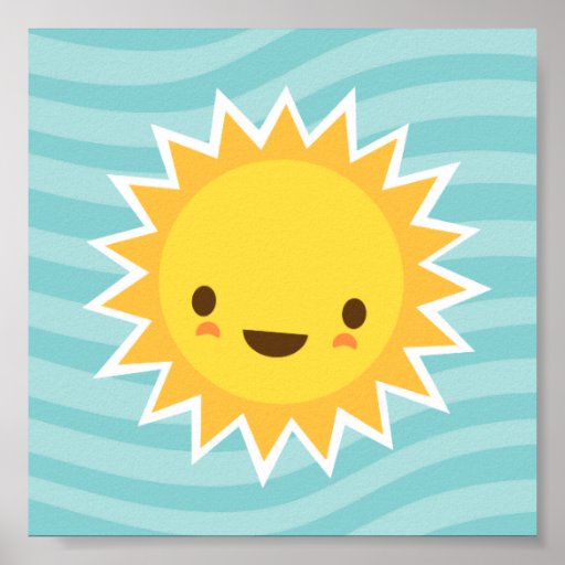 Cute kawaii sun cartoon character on blue kids poster | Zazzle