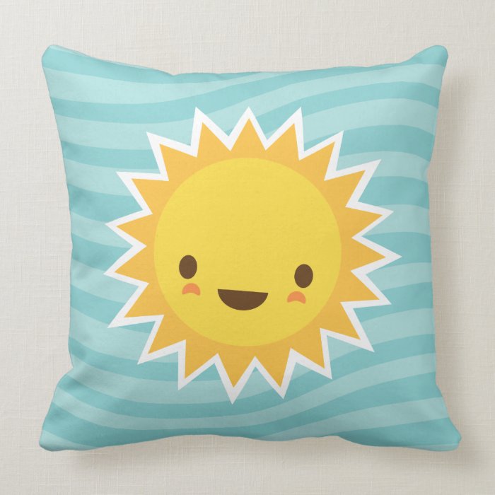 Cute kawaii sun cartoon character on blue throw pillow
