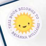 Cute kawaii sun light purple bookplate sticker<br><div class="desc">Cute book labels or bookplate stickers featuring a happy,  kawaii style sun on a pale purple background. Customizable purple text: "This book belongs to" and your custom name. Great for labelling school books and your personal or family library</div>