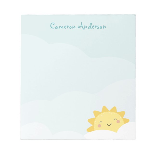 Cute kawaii sun on cloud background add name text notepad (Front)