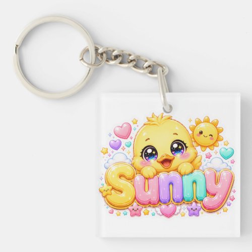 Cute Kawaii Sunny Chick Name Pastel Pink Sparkling Keychain