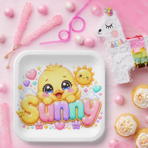 Cute Kawaii Sunny Chick Name Pastel Pink Sparkling Paper Plates