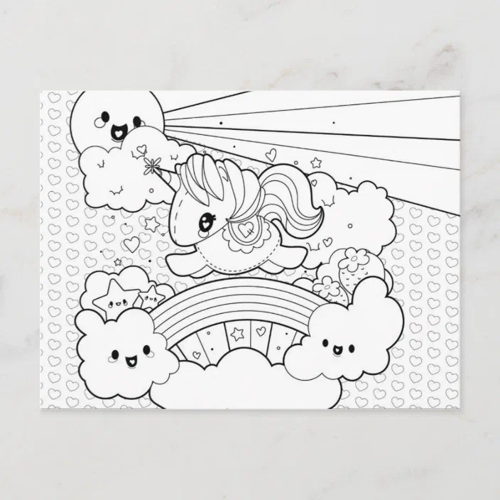 Cute Kawaii Sunny Unicorn Coloring Cover Page Postcard Zazzle Com