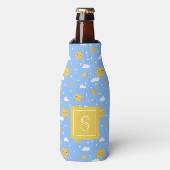 Cute Kawaii Sunshine Clouds Personalized Bottle Cooler (Bottle Front)