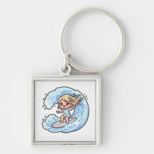 Cute Kawaii Surfing Girl Ocean Wave Summer Beach S Keychain