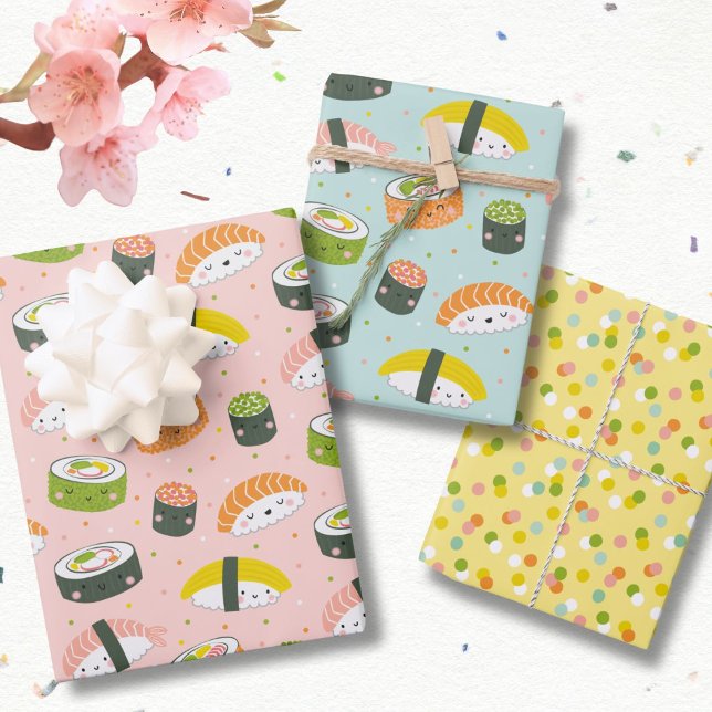 Cute Kawaii Sushi and dots Wrapping Paper Sheets (Creator Uploaded)