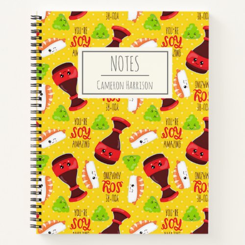 Cute Kawaii Sushi Pattern in Yellow Personalized Notebook