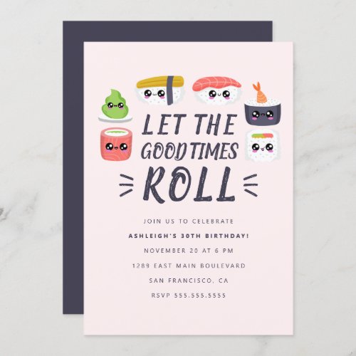 Cute Kawaii Sushi Rolls Birthday Party Invitation