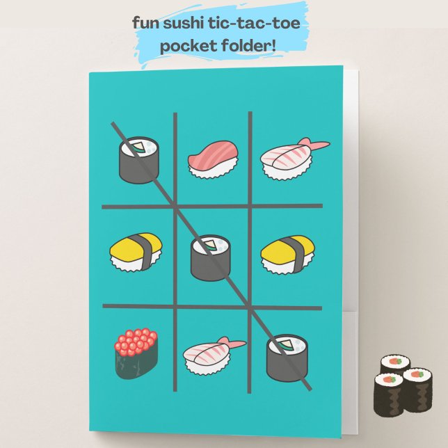 Cute Kawaii Sushi Tic Tac Toe Modern Pocket Folder (A fun pocket folder for sushi lovers, fans of all things kawaii and Japanophiles!)