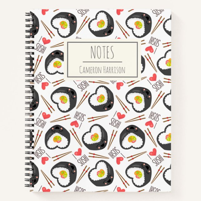 Cute Kawaii Sushi Whimsical Pattern Personalized Notebook (Front)