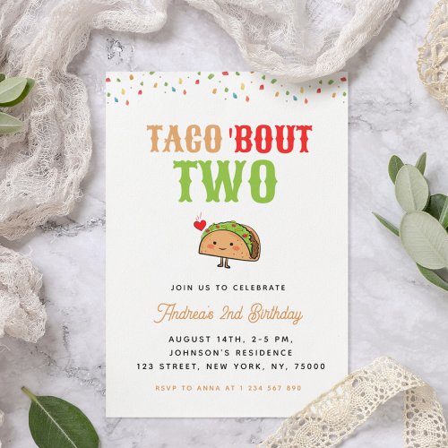 Cute Kawaii Taco Bout Two 2nd Birthday Kids Party Invitation