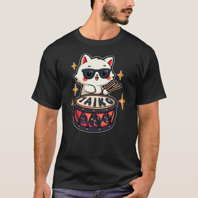 Cute Kawaii Taiko Drummer Cat T-Shirt (Front)