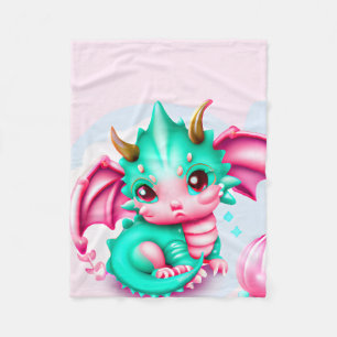 Cute Kawaii Teal and Pink Baby Dragon  Fleece Blanket