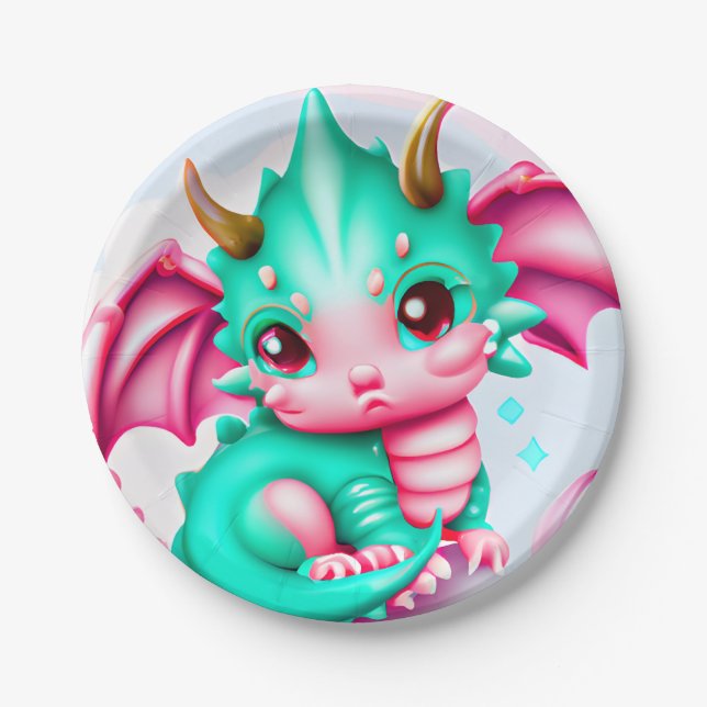 Cute Kawaii Teal and Pink Baby Dragon  Paper Plates (Front)