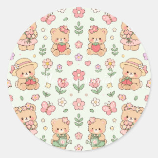 Cute Kawaii Teddy Bear Flower Garden Pattern | Pas Classic Round Sticker