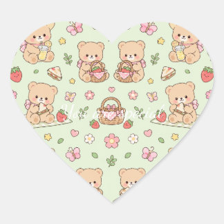 Cute Kawaii Teddy Bear Strawberry Picnic Pattern Heart Sticker