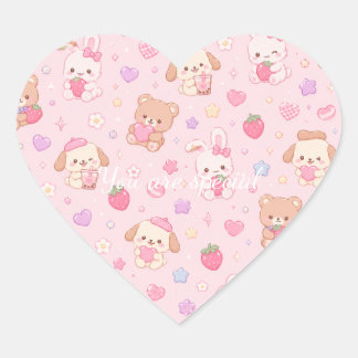 Cute Kawaii Teddy Bears & Strawberries Pattern Heart Sticker