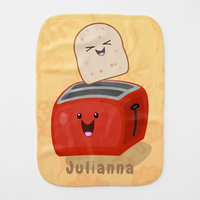 Cute kawaii toast and red toaster cartoon baby burp cloth (Front)