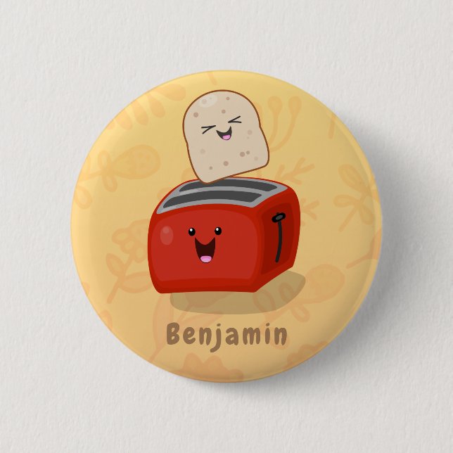 Cute kawaii toast and red toaster cartoon button (Front)
