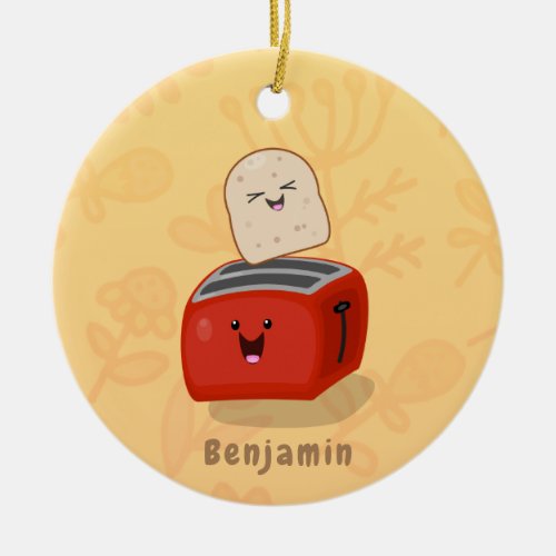 Cute kawaii toast and red toaster cartoon ceramic ornament