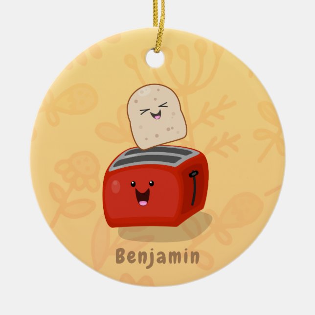 Cute kawaii toast and red toaster cartoon ceramic ornament (Front)