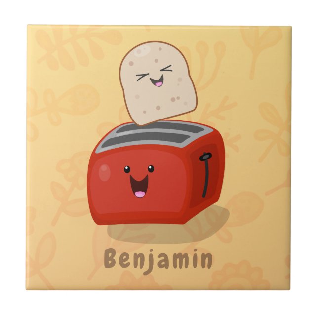 Cute kawaii toast and red toaster cartoon ceramic tile (Front)