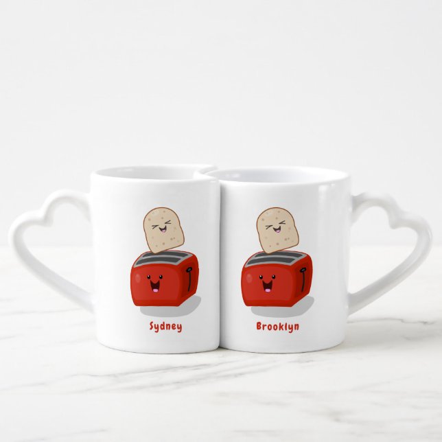 Cute kawaii toast and red toaster cartoon coffee mug set (Back Nesting)