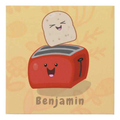 Cute kawaii toast and red toaster cartoon faux canvas print
