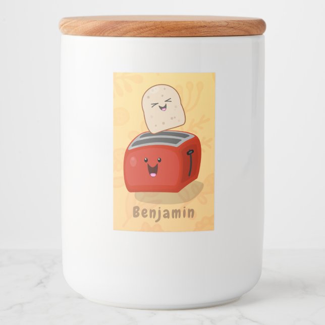 Cute kawaii toast and red toaster cartoon food label (Front)