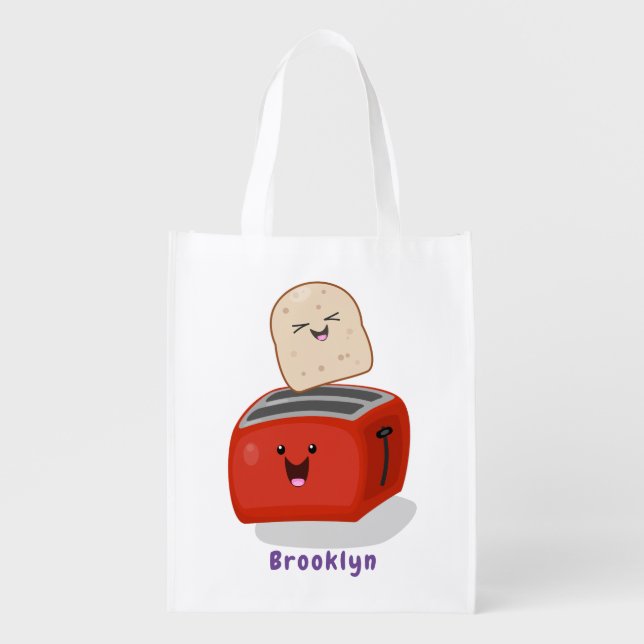 Cute kawaii toast and red toaster cartoon grocery bag (Front)