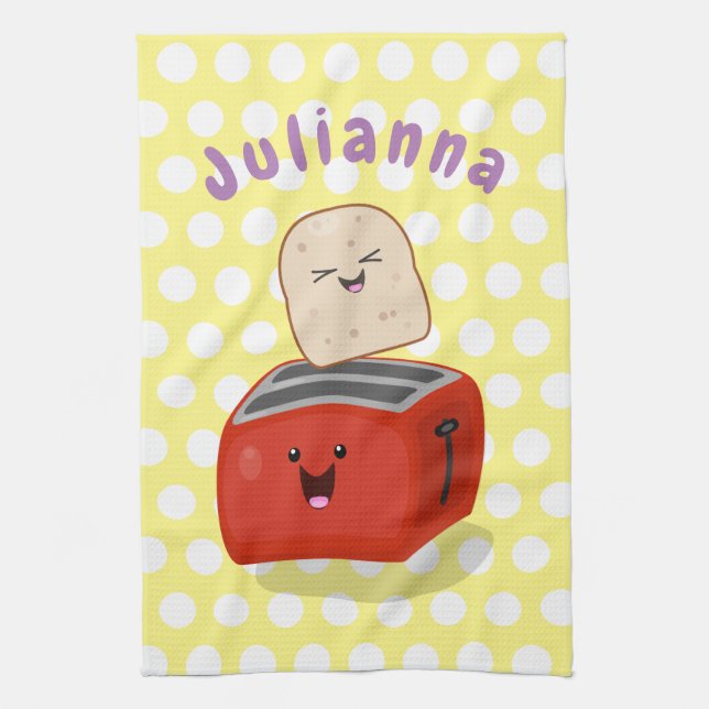 Cute kawaii toast and red toaster cartoon kitchen towel (Vertical)