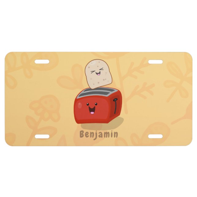 Cute kawaii toast and red toaster cartoon license plate (Front)
