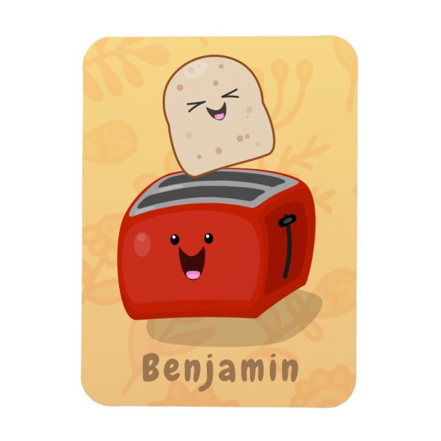 Cute kawaii toast and red toaster cartoon magnet (Vertical)