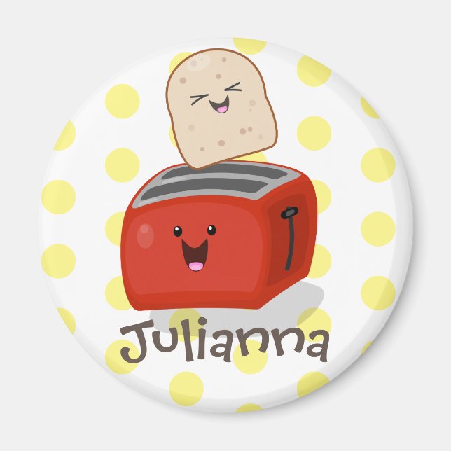 Cute kawaii toast and red toaster cartoon magnet (Front)